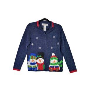 Tiara International Christmas Zip-Up Blue Sweater Small Snowman Beaded Grandma